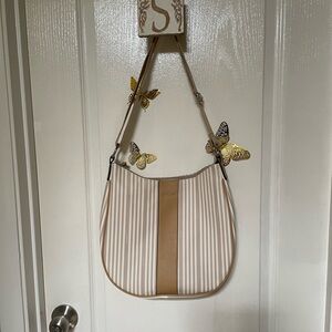 Tahari Crescent Tan and Cream Shoulder Bag with Gold Accents